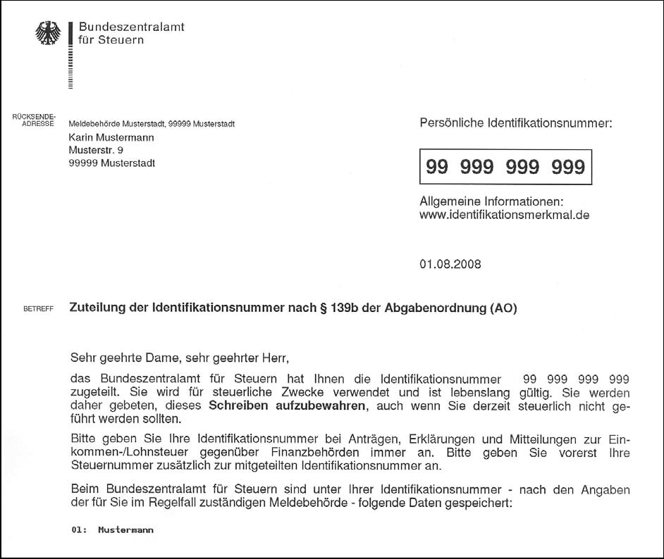 Zuteilung einer Identifikationsnummer vom Finanzamt