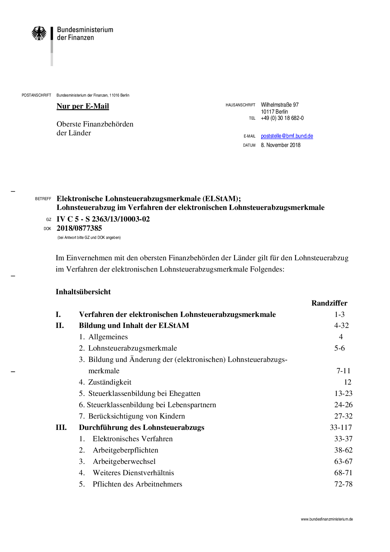 Elektronische Lohnsteuerabzugsmerkmale (ELStAM);
Lohnsteuerabzug im Verfahren der elektronischen Lohnsteuerabzugsmerkmale