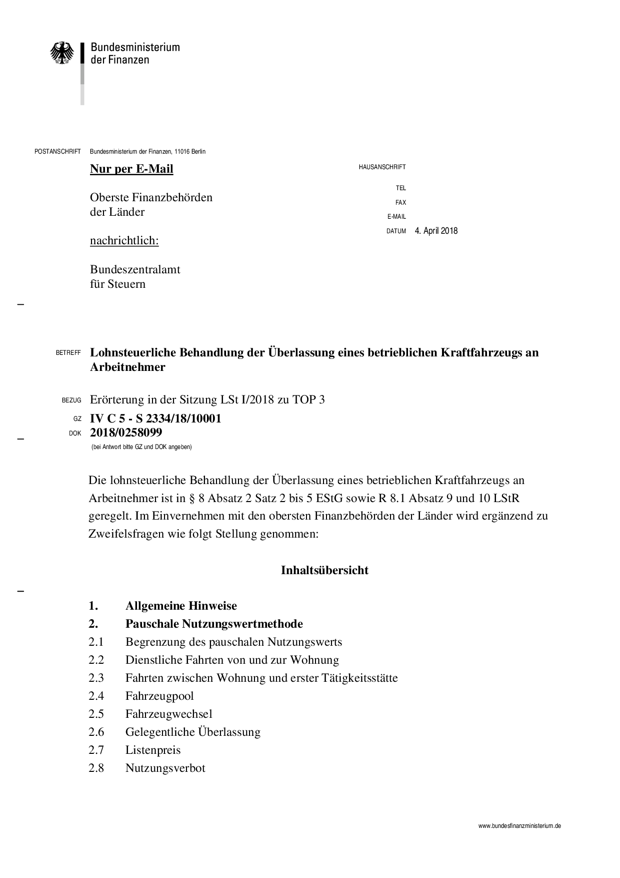 Lohnsteuerliche Behandlung der Überlassung eines betrieblichen Kraftfahrzeugs an Arbeitnehmer