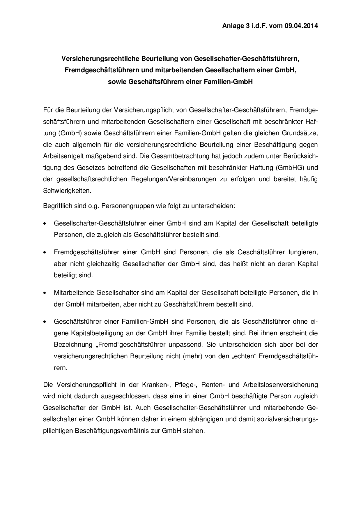 Sozialversicherungsrechtliche Beurteilung von Gesellschafter-Geschäftsführern einer GmbH