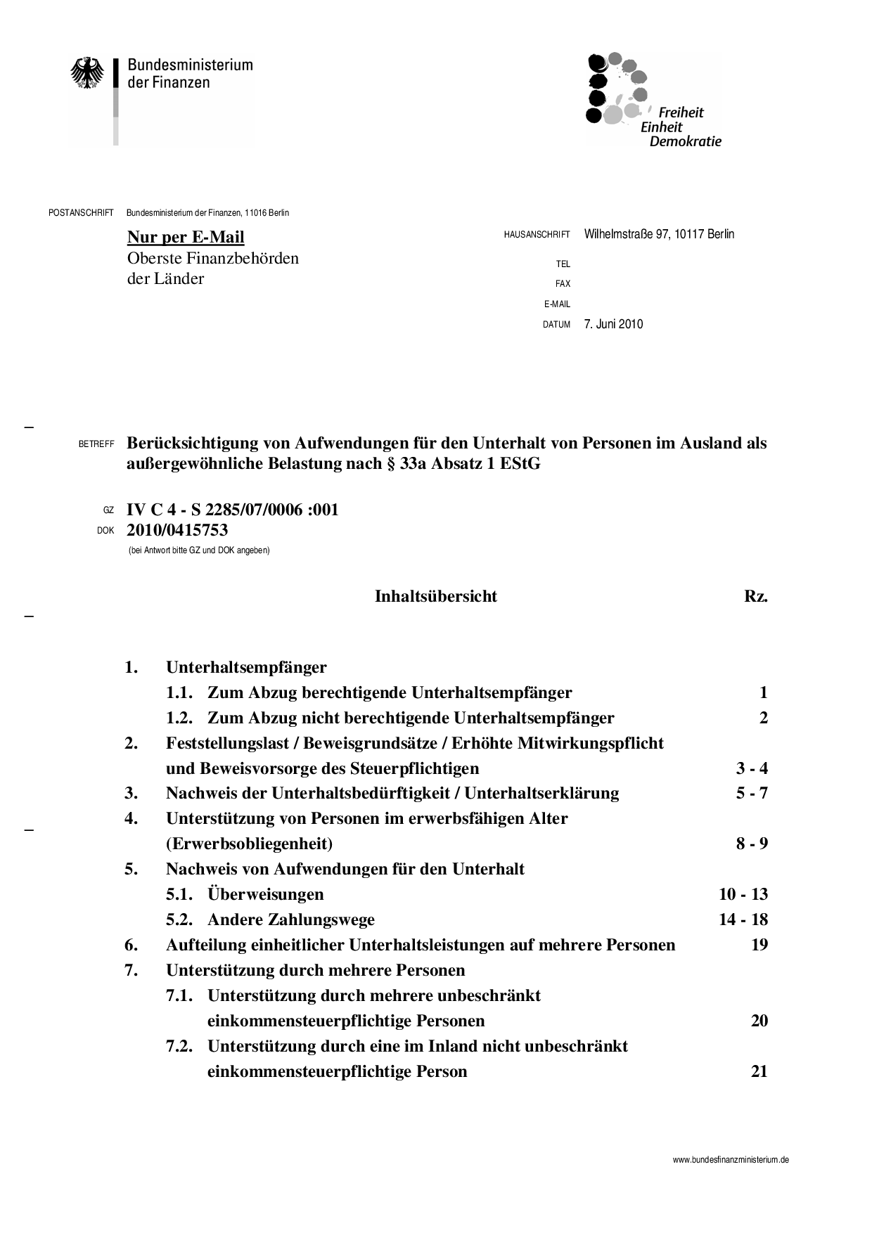 Berücksichtigung von Aufwendungen für den Unterhalt von Personen im Ausland
als außergewöhnliche Belastung nach § 33a Absatz 1 EStG