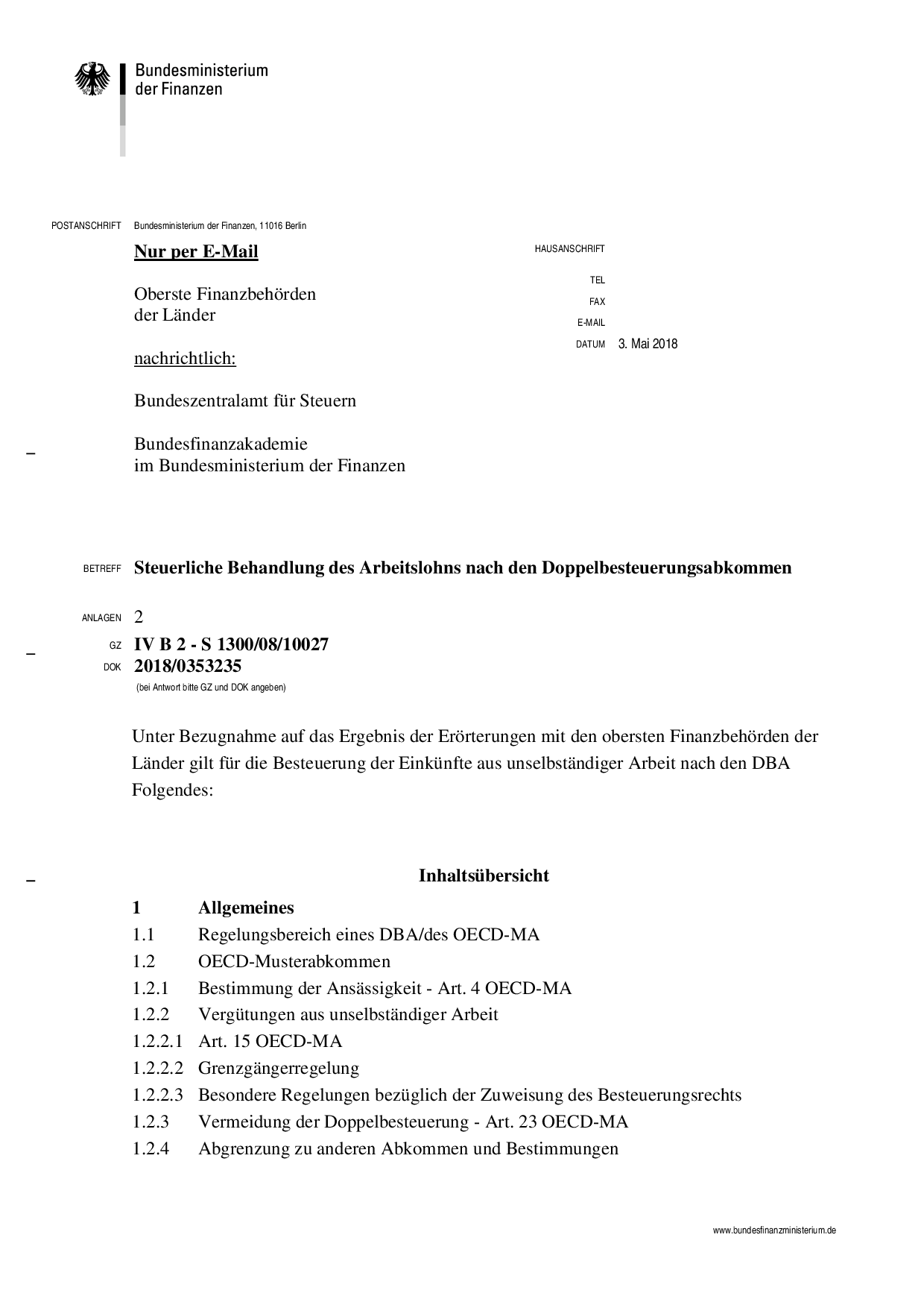 Steuerliche Behandlung des Arbeitslohns nach den Doppelbesteuerungsabkommen